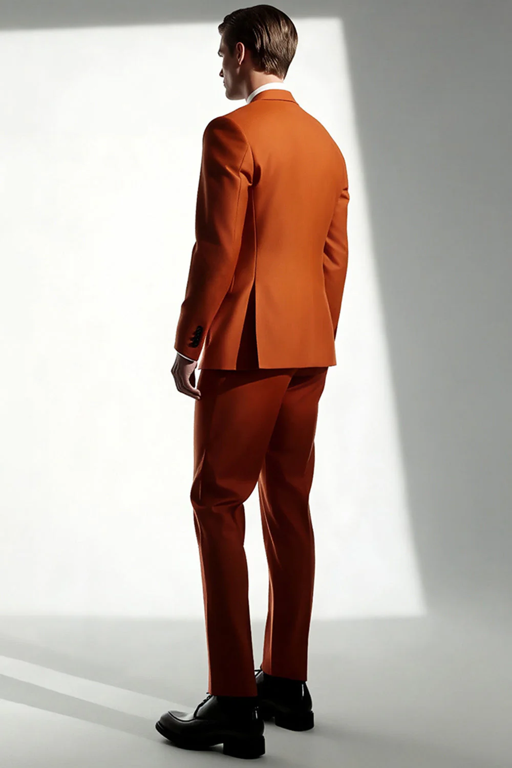 Costumes de bal 2 pièces orange foncé à revers en pointe pour hommes - Image 3