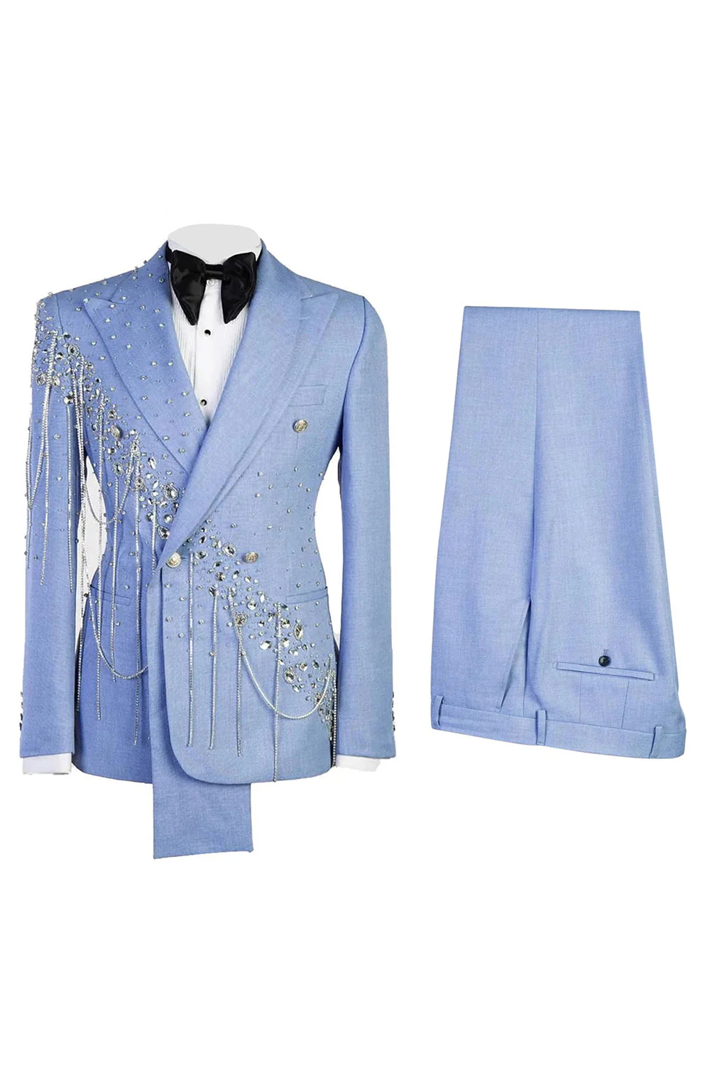 Costumes de bal de bal en châle en 2 pièces bleu clair à double boutonnage avec perles - Image 4