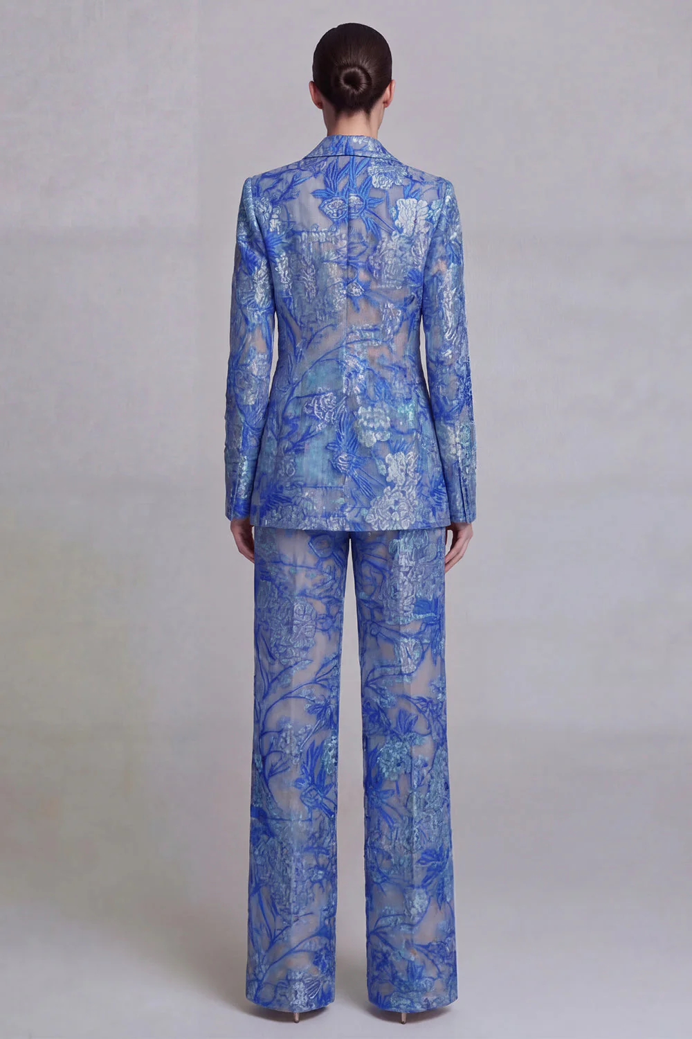 Costumes de bal de bal, en dentelle bleu foncé, fleurs, deux pièces, boutonnés simples et encochés - Image 2