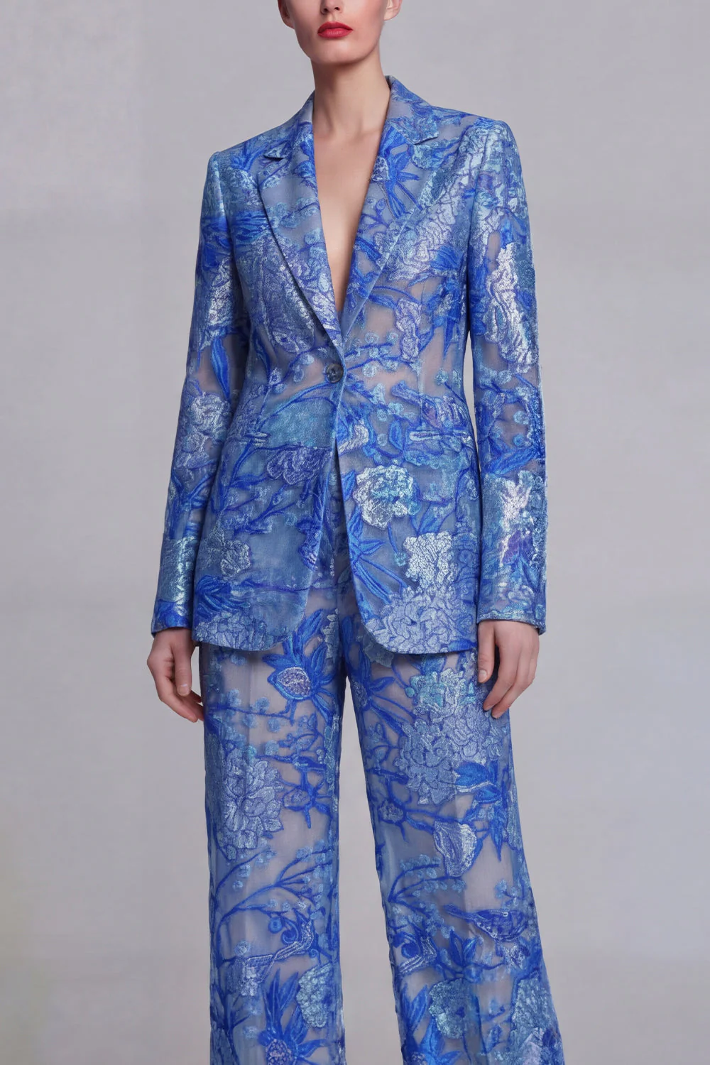 Costumes de bal de bal, en dentelle bleu foncé, fleurs, deux pièces, boutonnés simples et encochés - Image 3