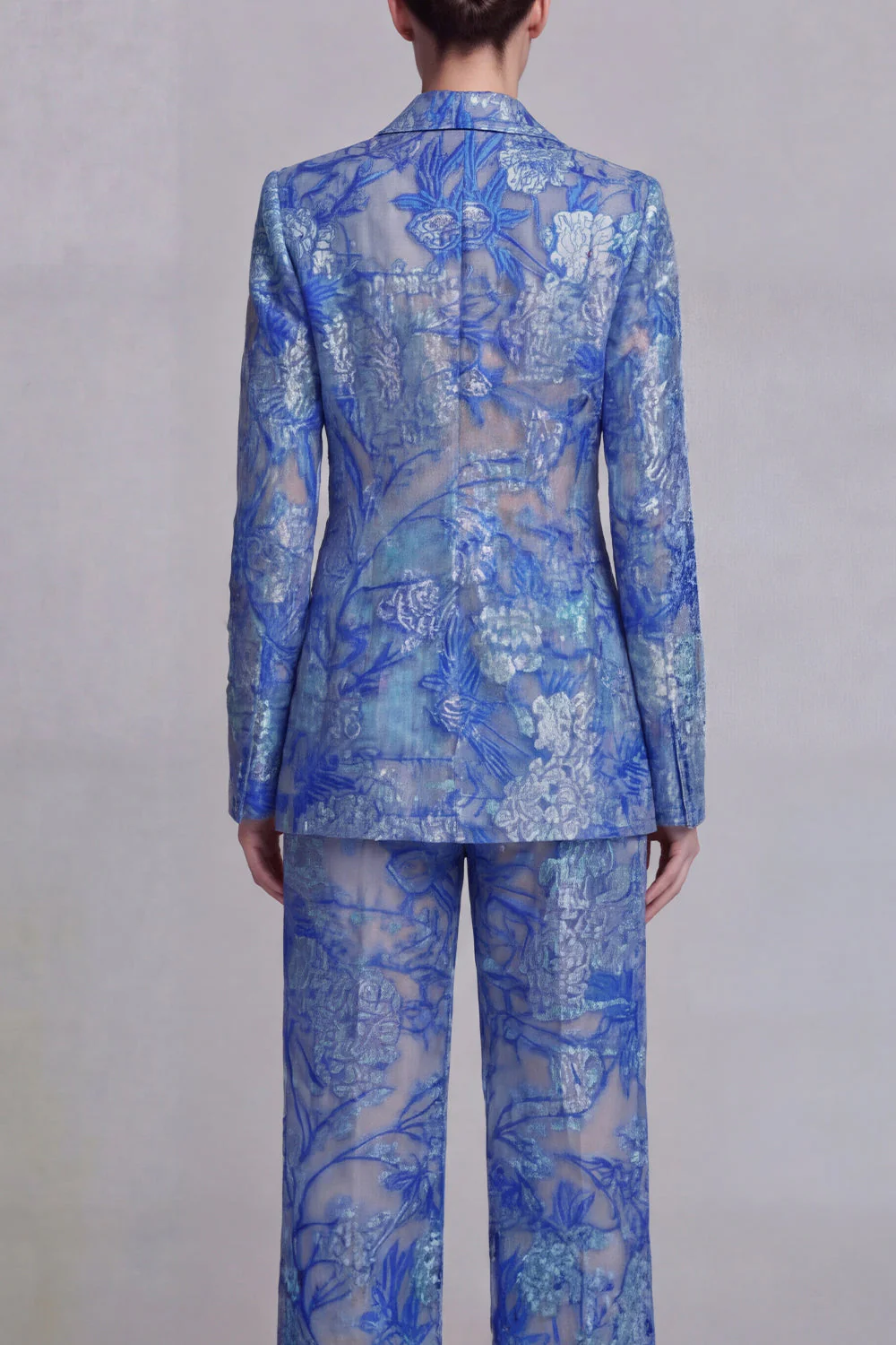 Costumes de bal de bal, en dentelle bleu foncé, fleurs, deux pièces, boutonnés simples et encochés - Image 4