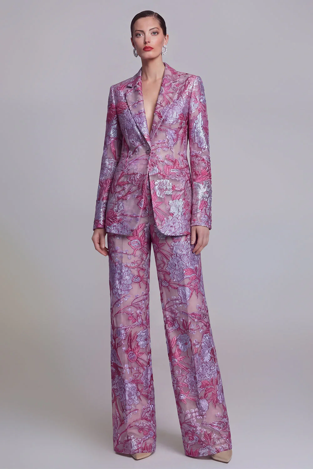Costumes de bal de bal, en dentelle bleu foncé, fleurs, deux pièces, boutonnés simples et encochés - Image 5