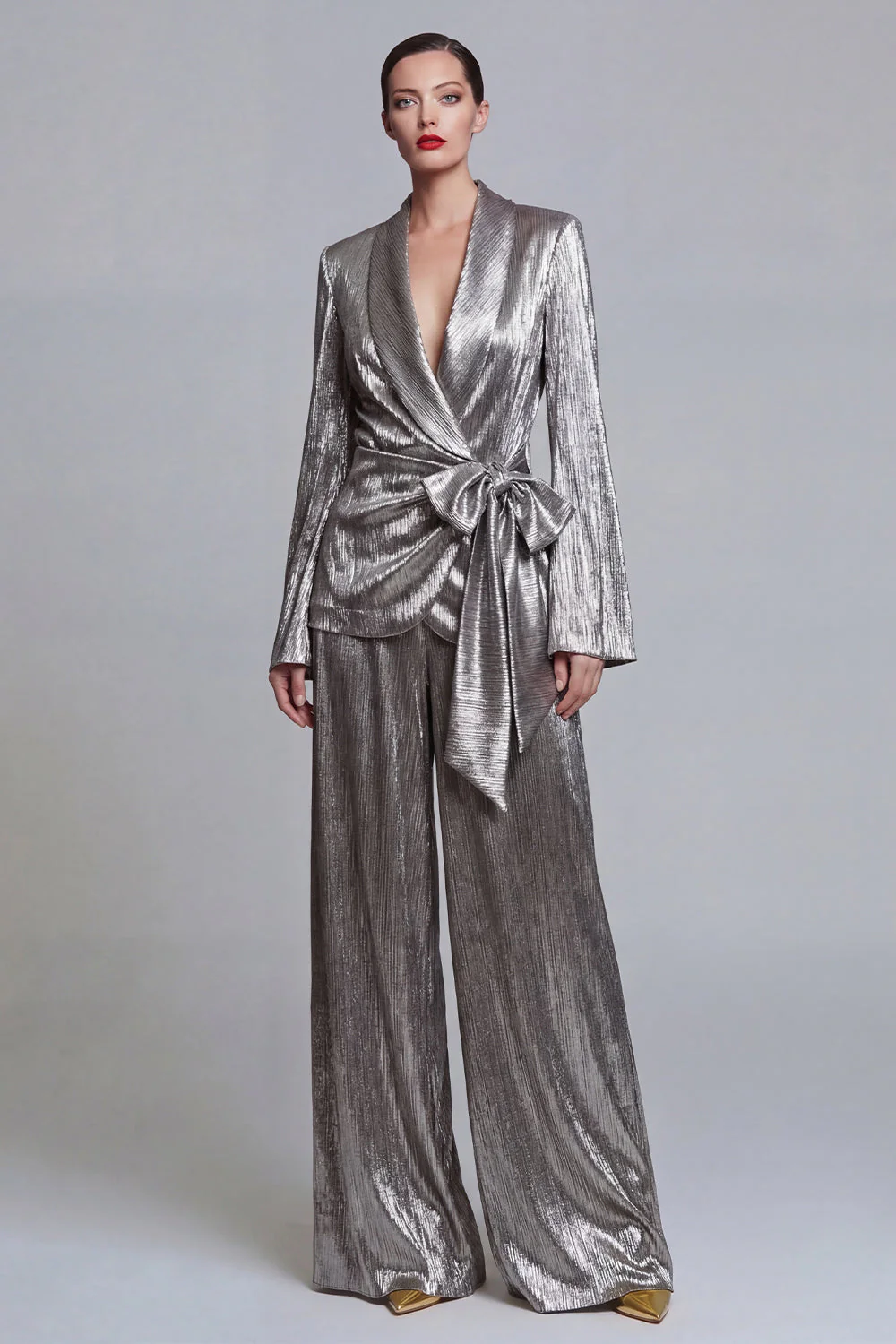 Costumes de bal de bal en deux pièces gris à jambe large à jambes larges avec nœud de promo