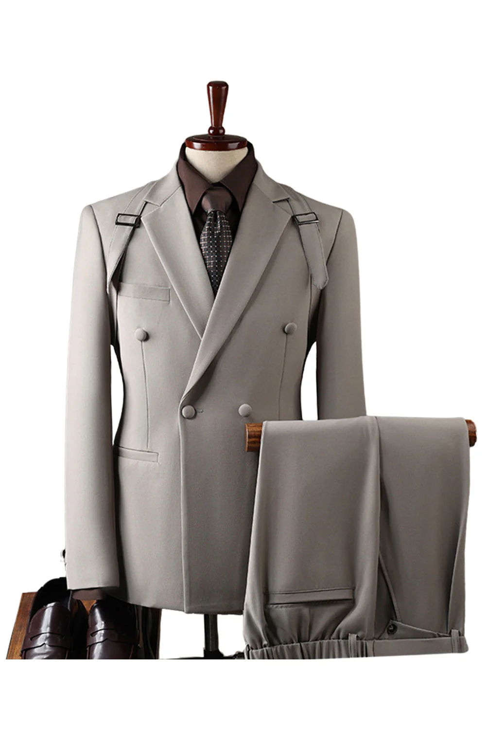 Costumes de bal gris double boutonnage à revers de deux pièces pour hommes - Image 3