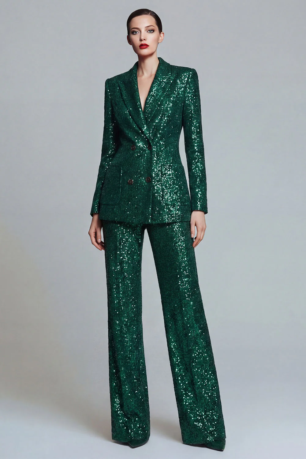 Costumes de bal pour femmes à revers pointu vert vert foncé Sequins Peak en deux pièces à double boutonnage