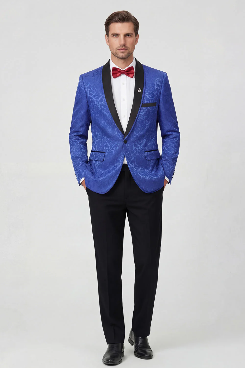 Costumes de bal pour hommes à motif de bal en châle bleu royal en deux pièces à un bouton, imprimés à un bouton