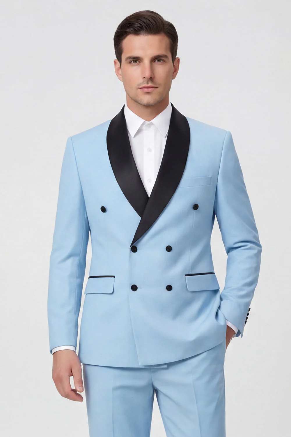 Costumes de bal pour hommes double boutonnage bleu clair en châle double boutonnage - Image 3