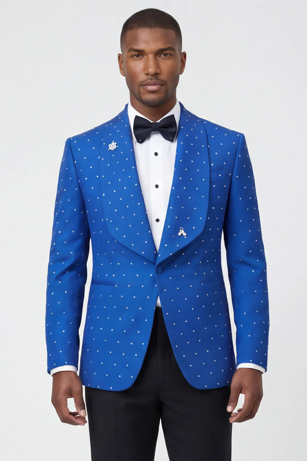 Costumes de bal pour hommes en châle 2 pièces à revers bleus un bouton avec perles - Image 2