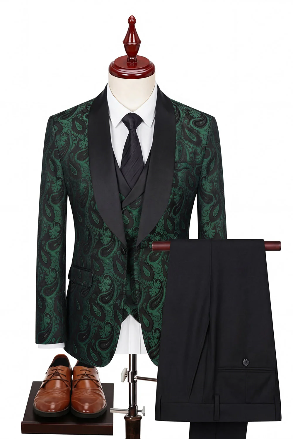 Costumes de bal pour hommes en revers châle vert foncé en 3 pièces à un bouton.