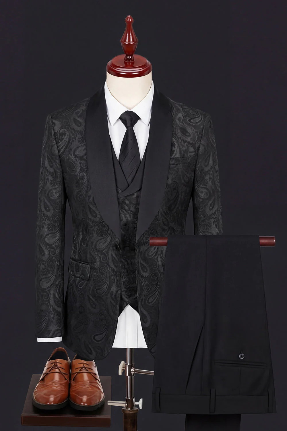 Costumes de bal pour hommes en revers châle vert foncé en 3 pièces à un bouton. - Image 3