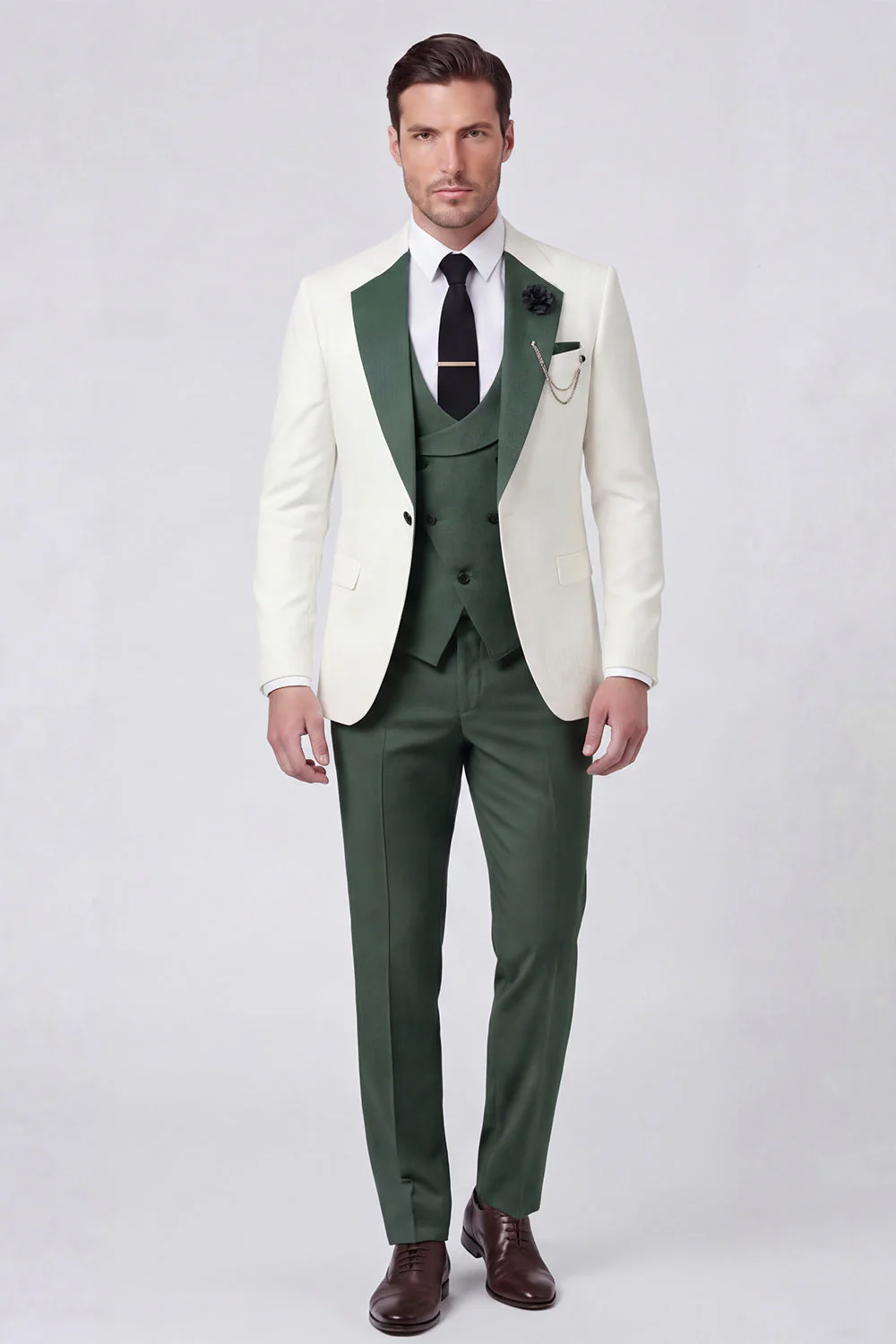 Costumes de bal pour hommes en revers de bal vert foncé en trois pièces à encoche unique