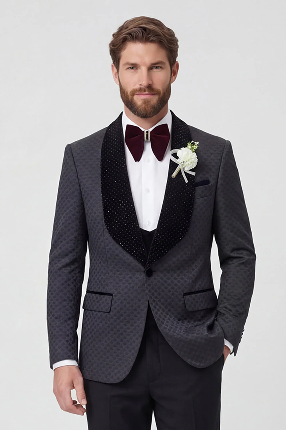 Costumes de mariage homme à revers à châle noir 2 pièces à un bouton avec perles - Image 2
