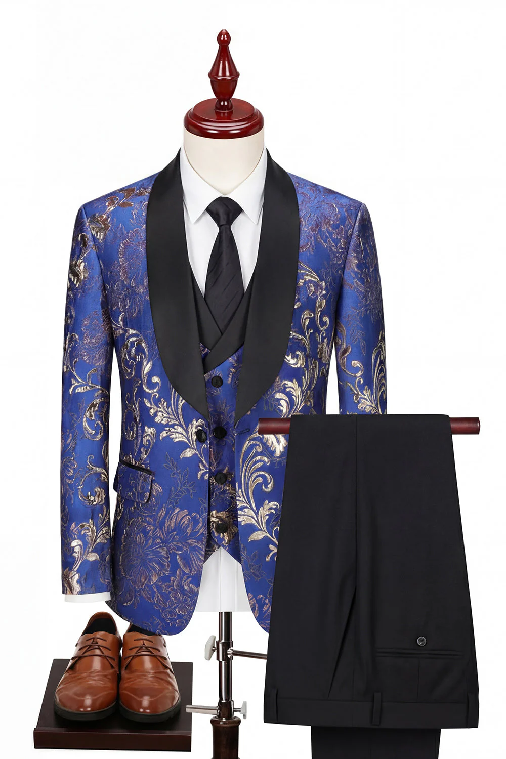 Costumes de mariage homme à revers bleus en châle bleu en trois pièces à un bouton.