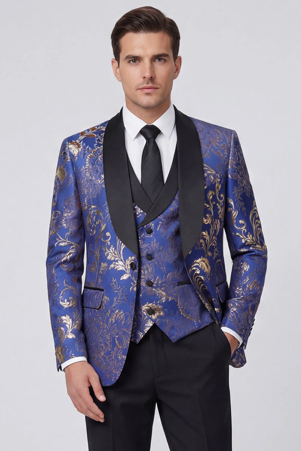 Costumes de mariage homme à revers bleus en châle bleu en trois pièces à un bouton. - Image 3