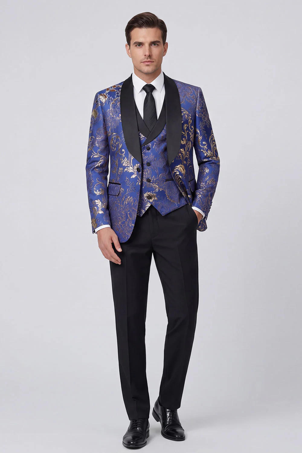 Costumes de mariage homme à revers bleus en châle bleu en trois pièces à un bouton. - Image 4