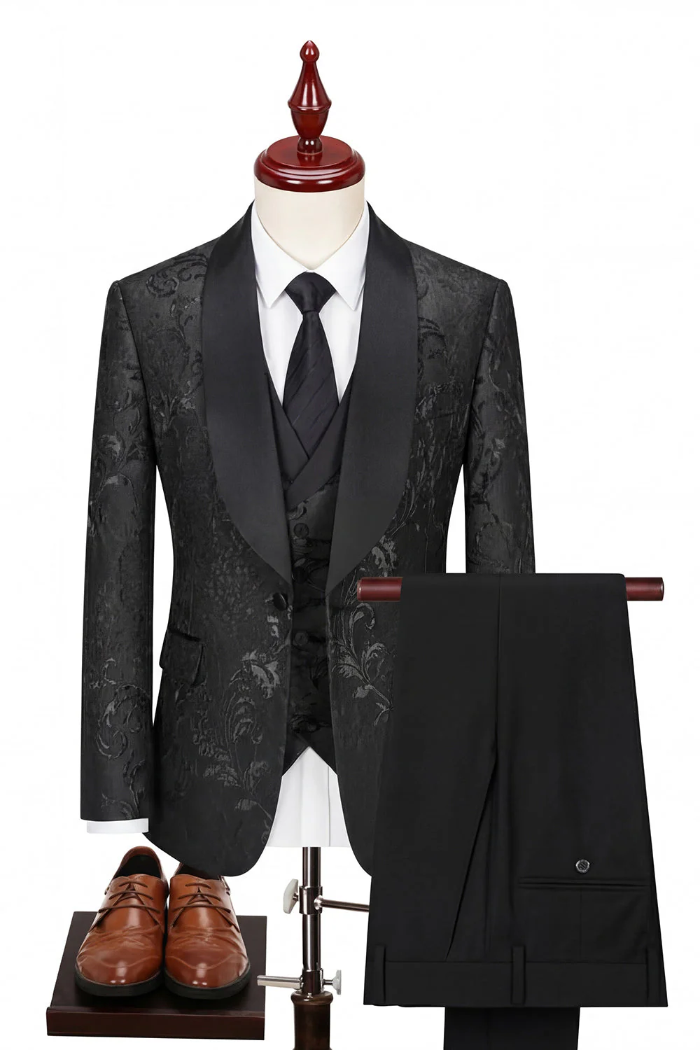 Costumes de mariage homme à revers bleus en châle bleu en trois pièces à un bouton. - Image 5