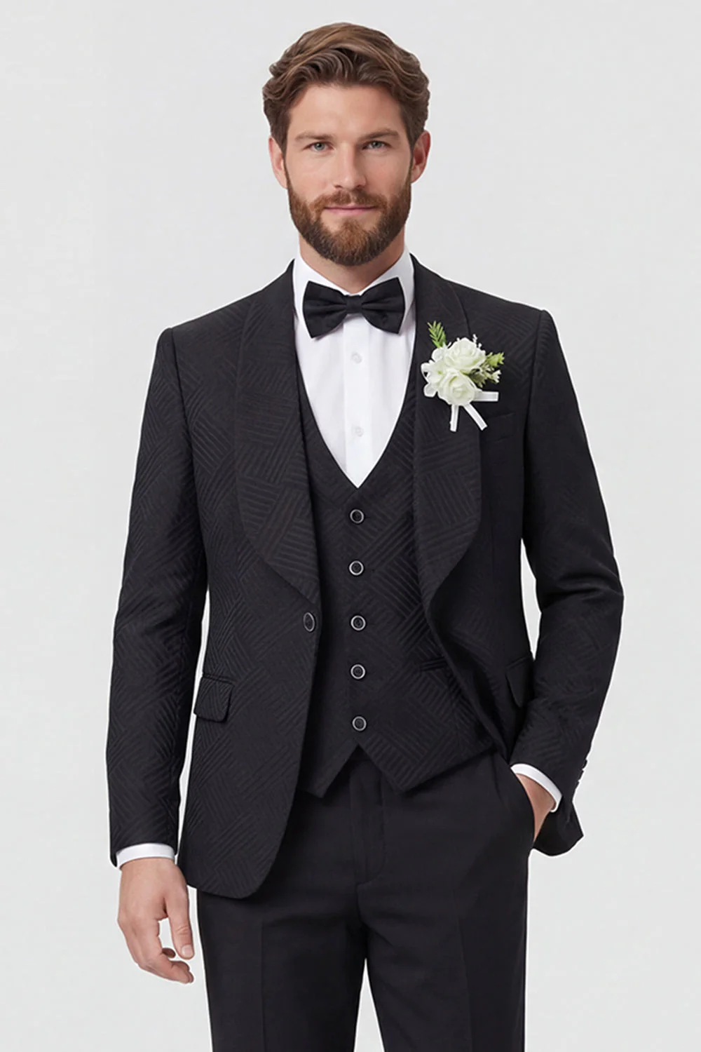 Costumes de mariage homme à revers châle noir en trois pièces à un bouton - Image 2