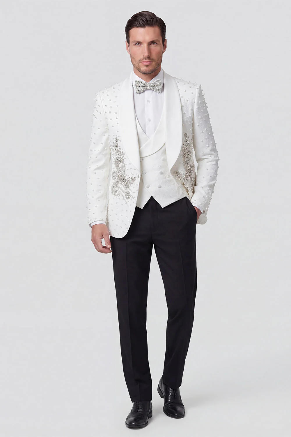 Costumes de mariage homme à un bouton en châle 3 pièces avec perles