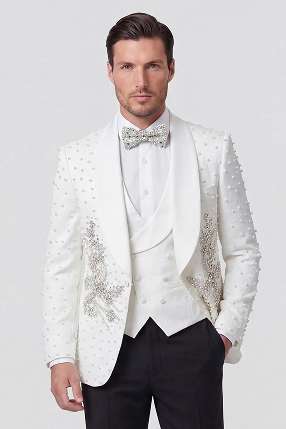 Costumes de mariage homme à un bouton en châle 3 pièces avec perles - Image 2