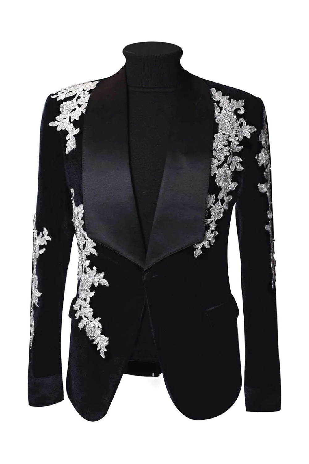 Veste de costume de mariage homme noire à col châle un bouton épaule unique avec appliques - Image 3