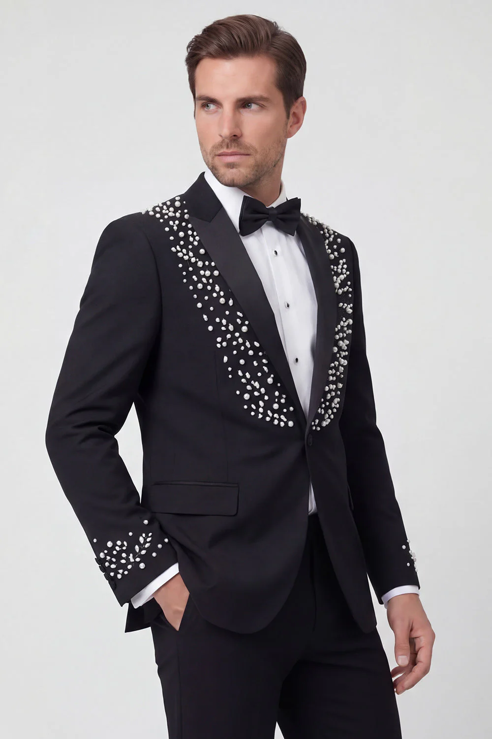 Costumes de mariage noirs étincelants en deux pièces à revers d’un bouton, châle à un bouton,