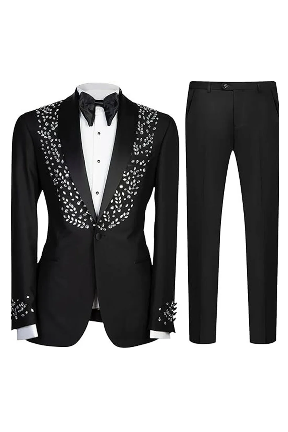 Costumes de mariage noirs étincelants en deux pièces à revers d’un bouton, châle à un bouton, - Image 3