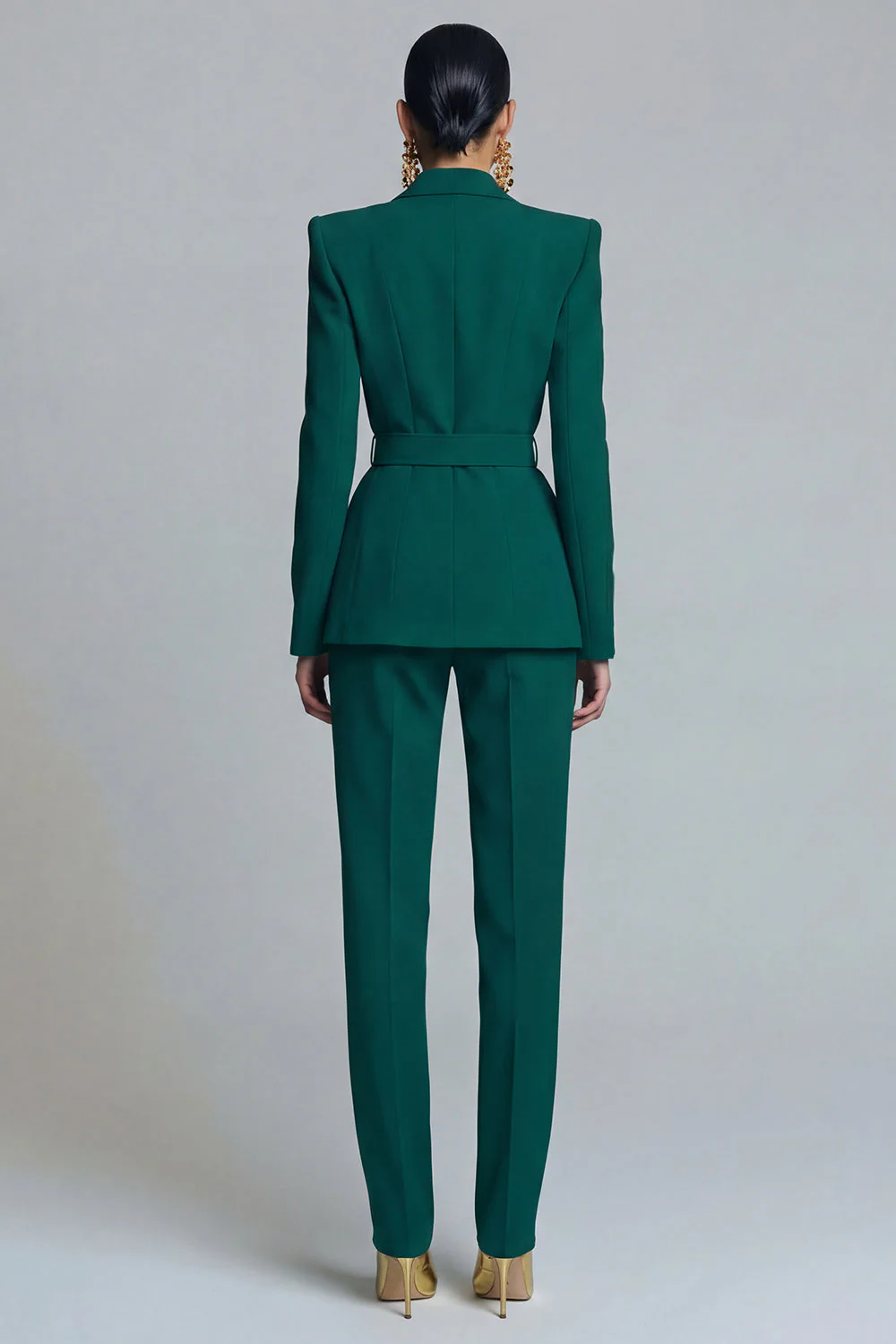Costume d'affaires femme 2 pièces vert foncé revers pointe avec ceinture - Image 2