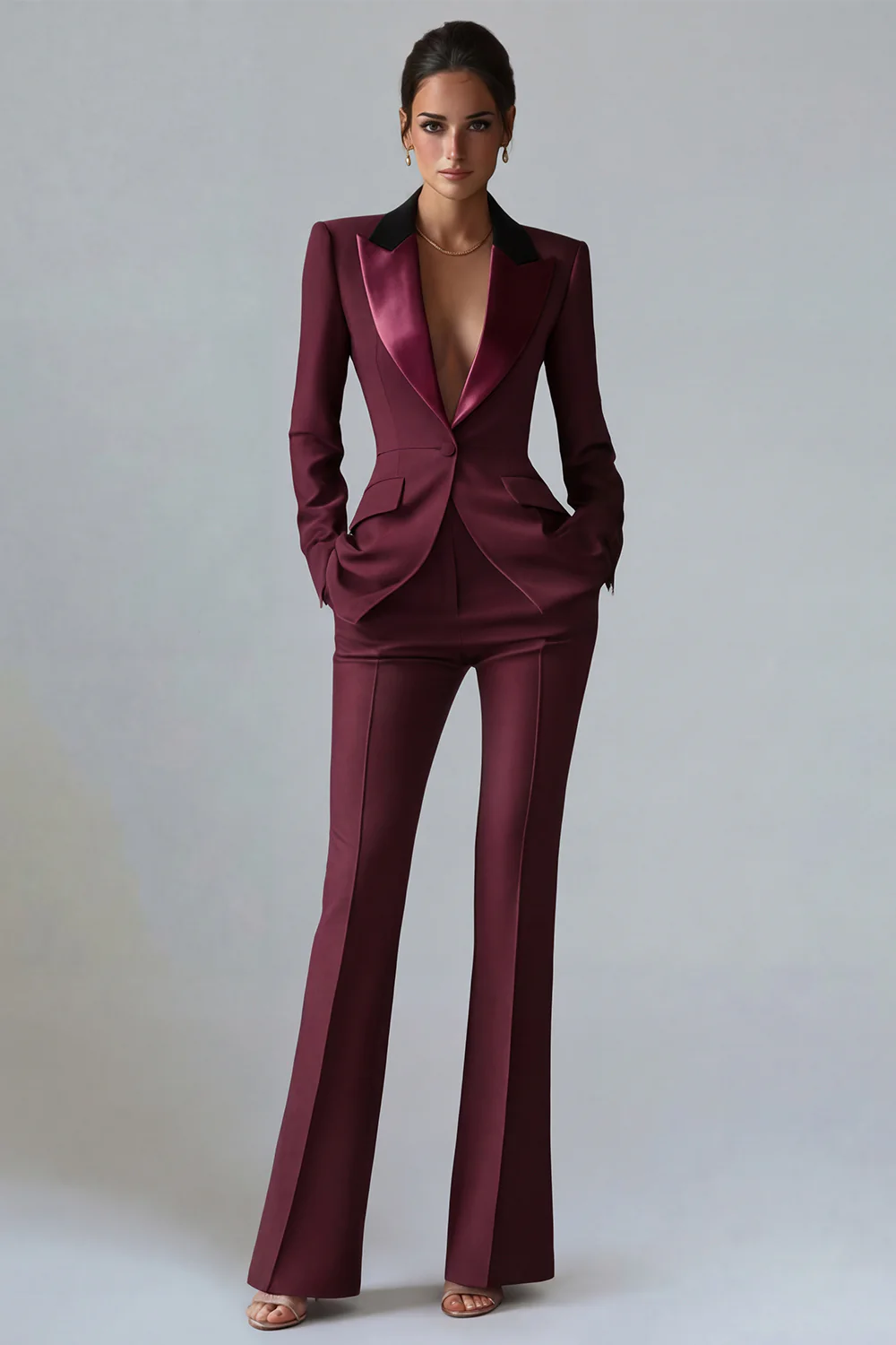 Costume d'affaires femme 2 pièces vert foncé revers pointe un bouton - Image 15