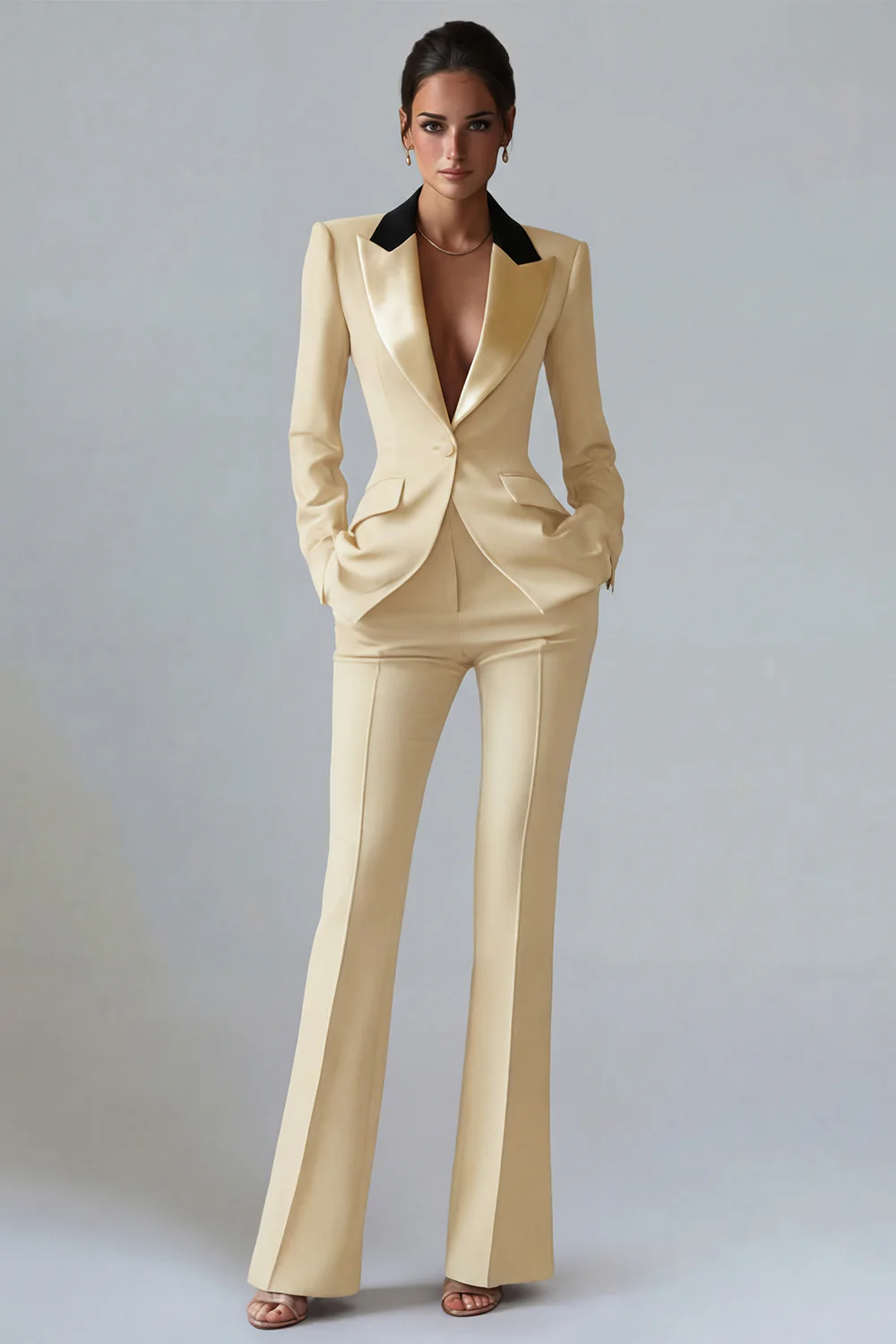 Costume d'affaires femme 2 pièces vert foncé revers pointe un bouton - Image 17