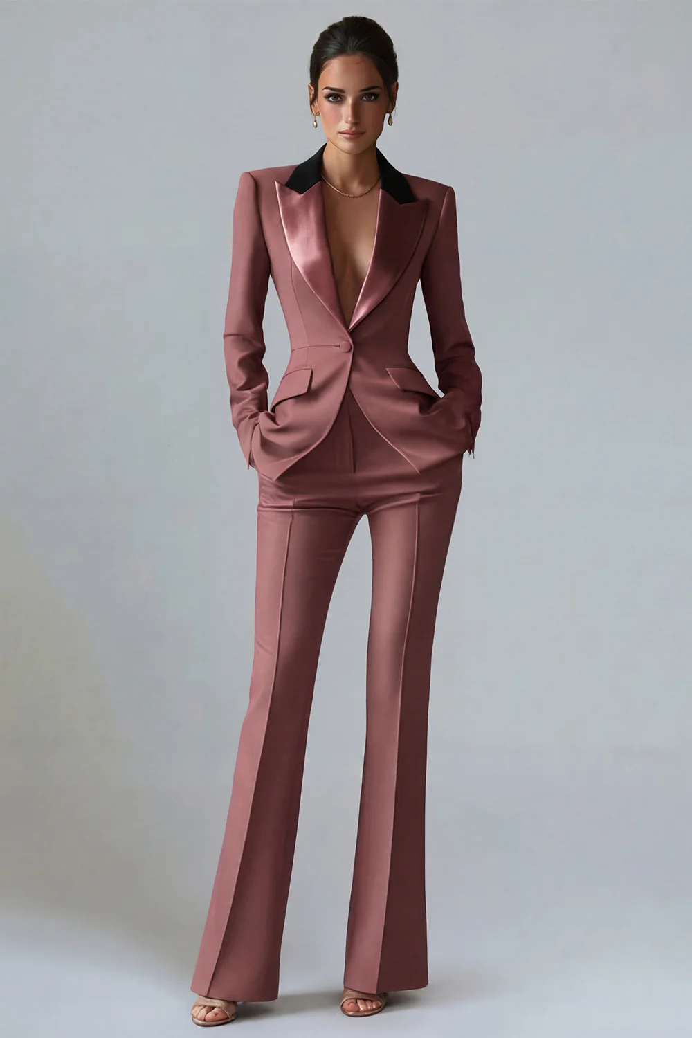 Costume d'affaires femme 2 pièces vert foncé revers pointe un bouton - Image 19