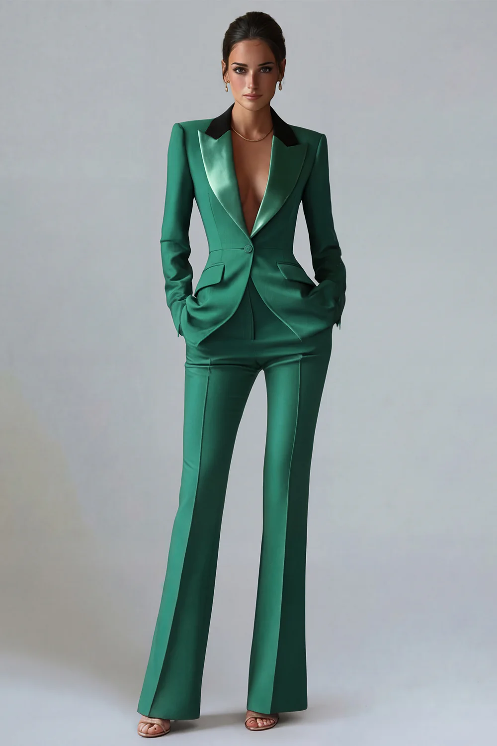 Costume d'affaires femme 2 pièces vert foncé revers pointe un bouton - Image 21