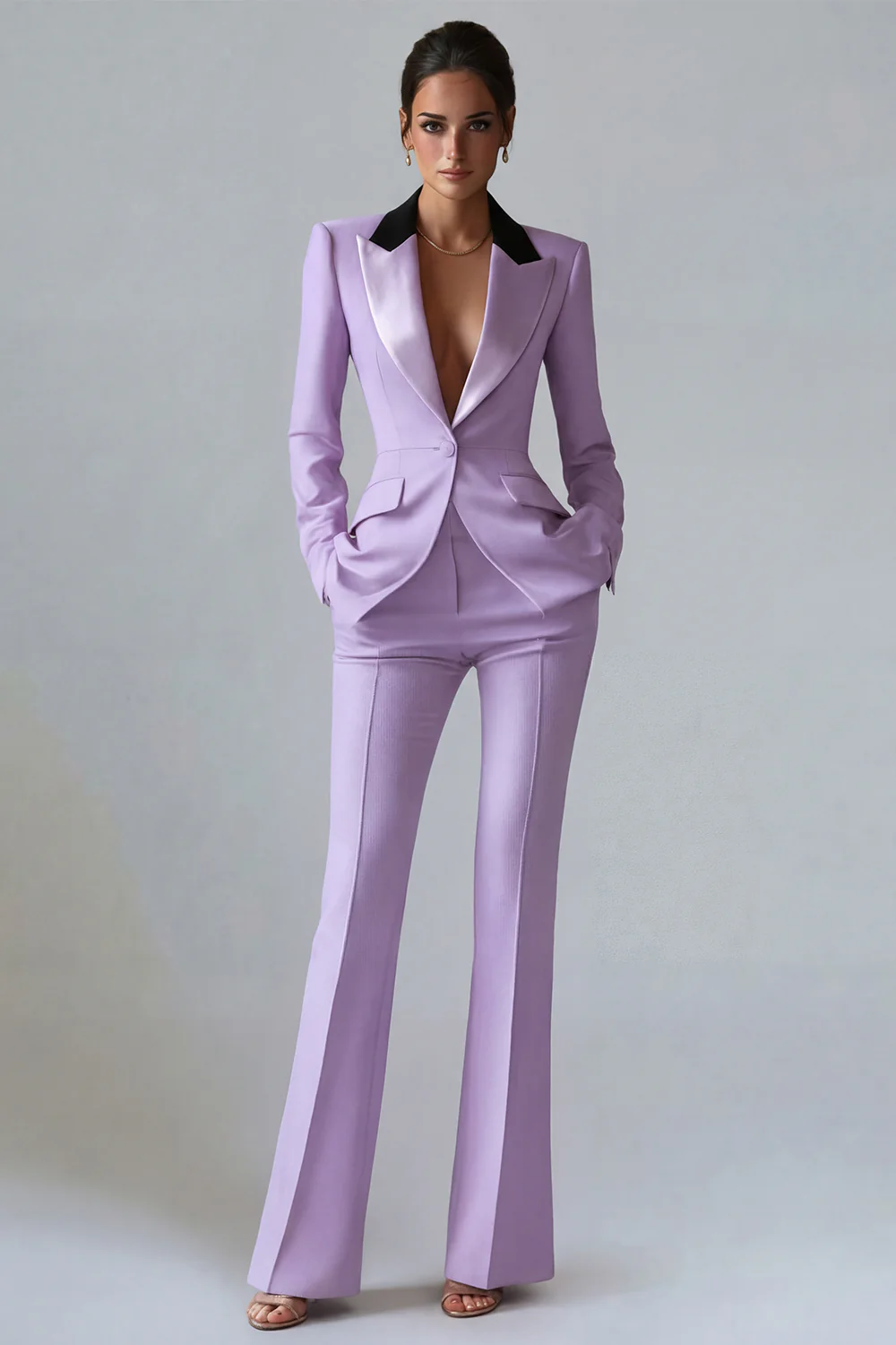 Costume d'affaires femme 2 pièces vert foncé revers pointe un bouton - Image 31