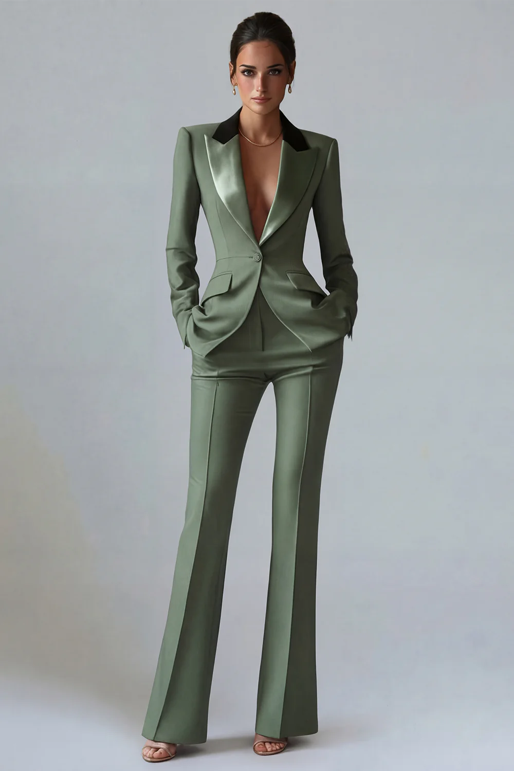 Costume d'affaires femme 2 pièces vert foncé revers pointe un bouton - Image 37