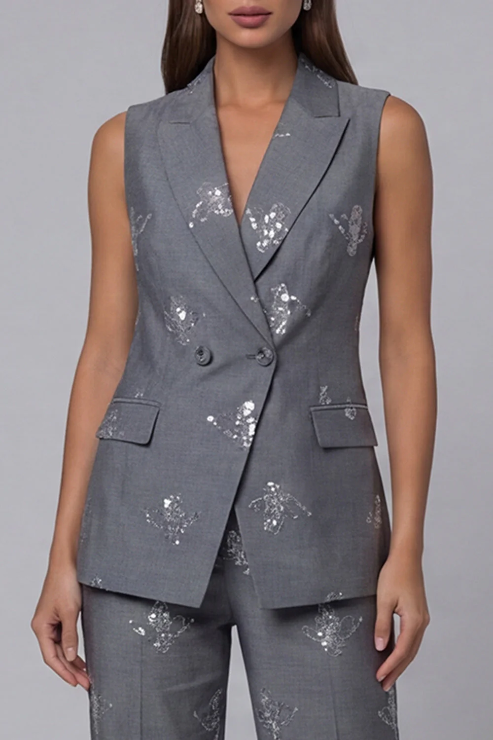 Costumes de travail en deux pièces à paillettes gris foncé à revers pointu à double boutonnage - Image 3