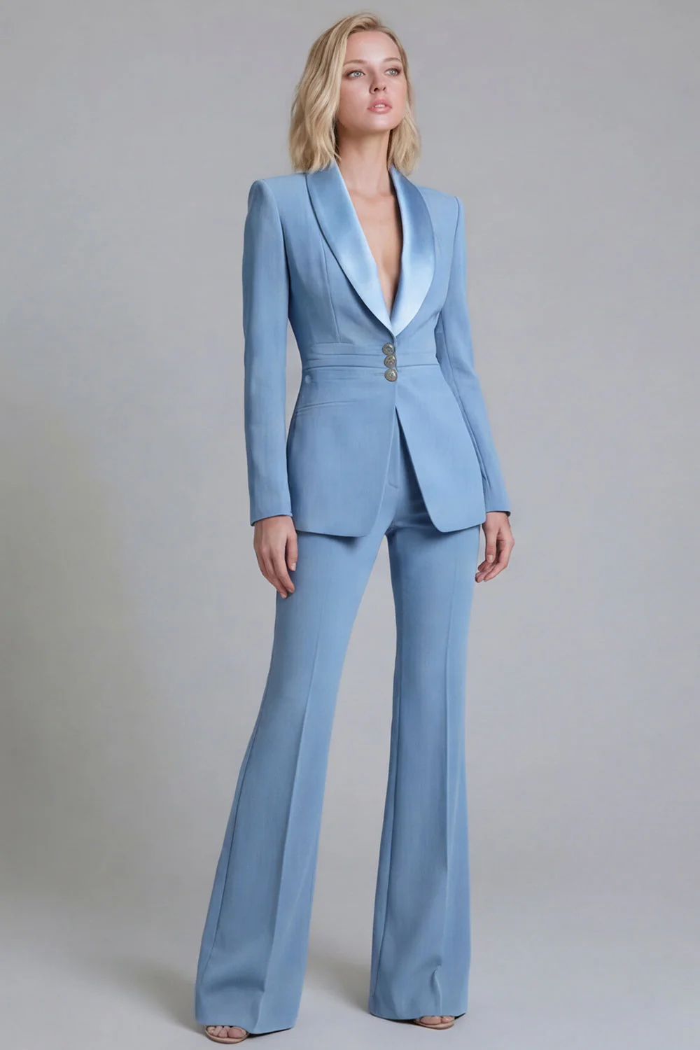 Costumes de travail féminins à revers châle bleu marine 2 pièces simple boutonnage - Image 3