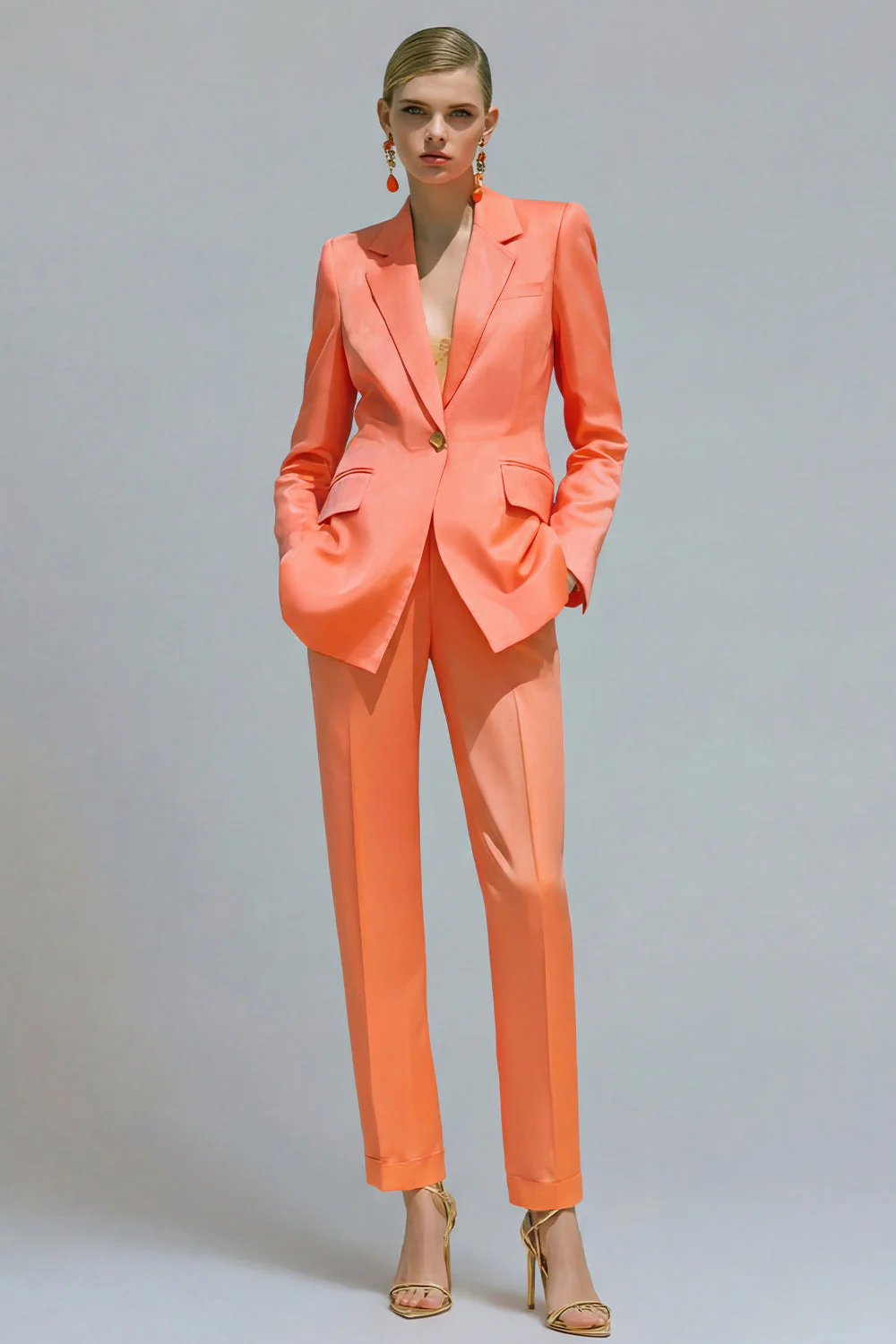 Costumes de travail féminins à revers cranté orange en deux pièces à un bouton