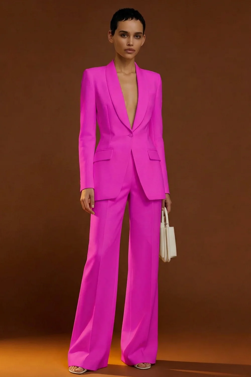 Costume d'affaires femme 2 pièces ivoire à col châle et boutonnage simple - Image 10