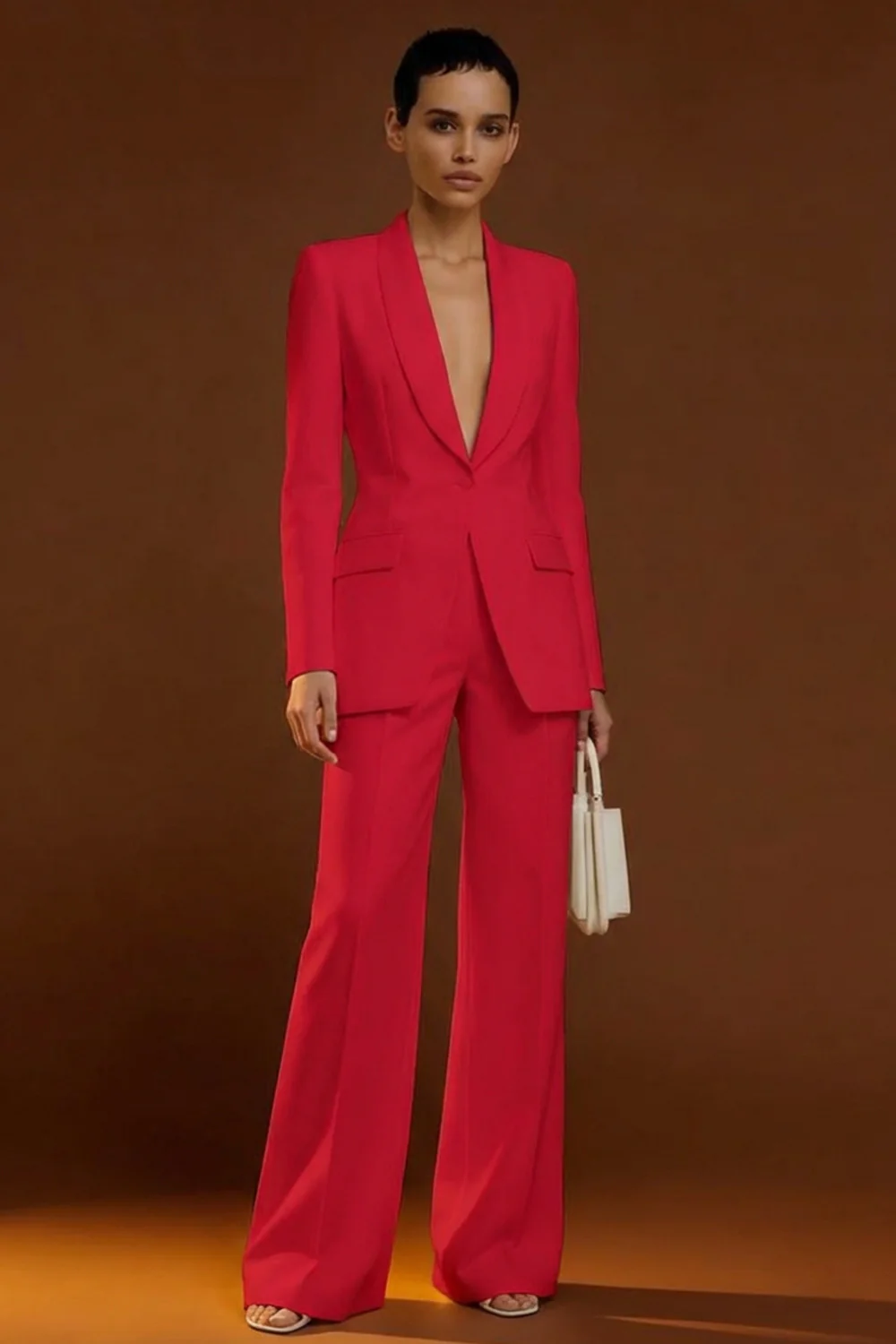 Costume d'affaires femme 2 pièces ivoire à col châle et boutonnage simple - Image 11