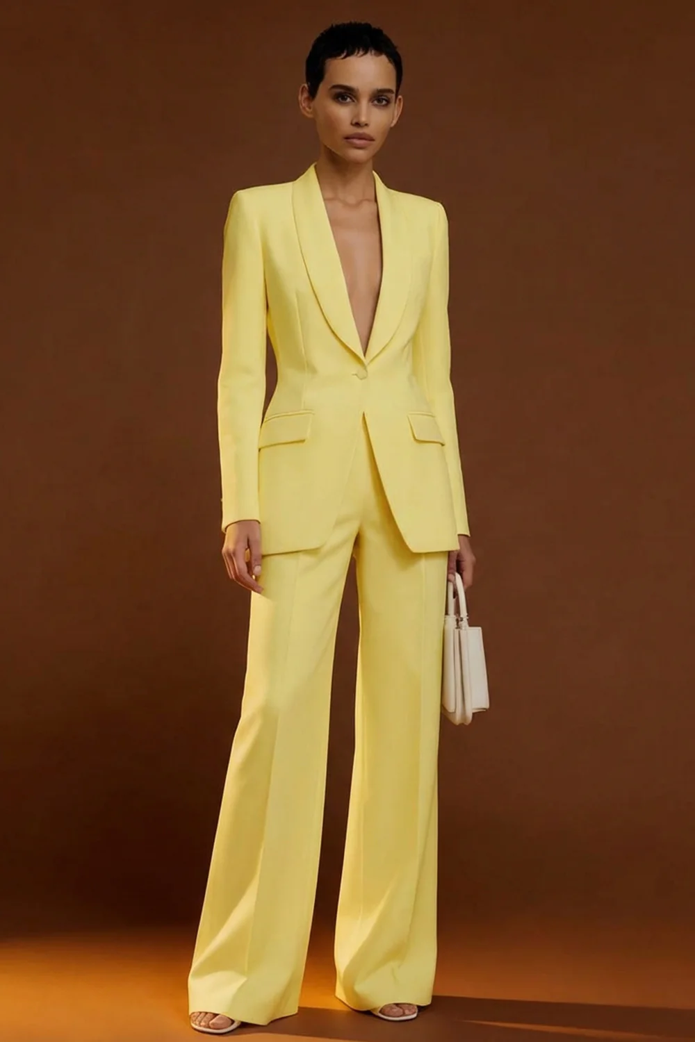 Costume d'affaires femme 2 pièces ivoire à col châle et boutonnage simple - Image 14