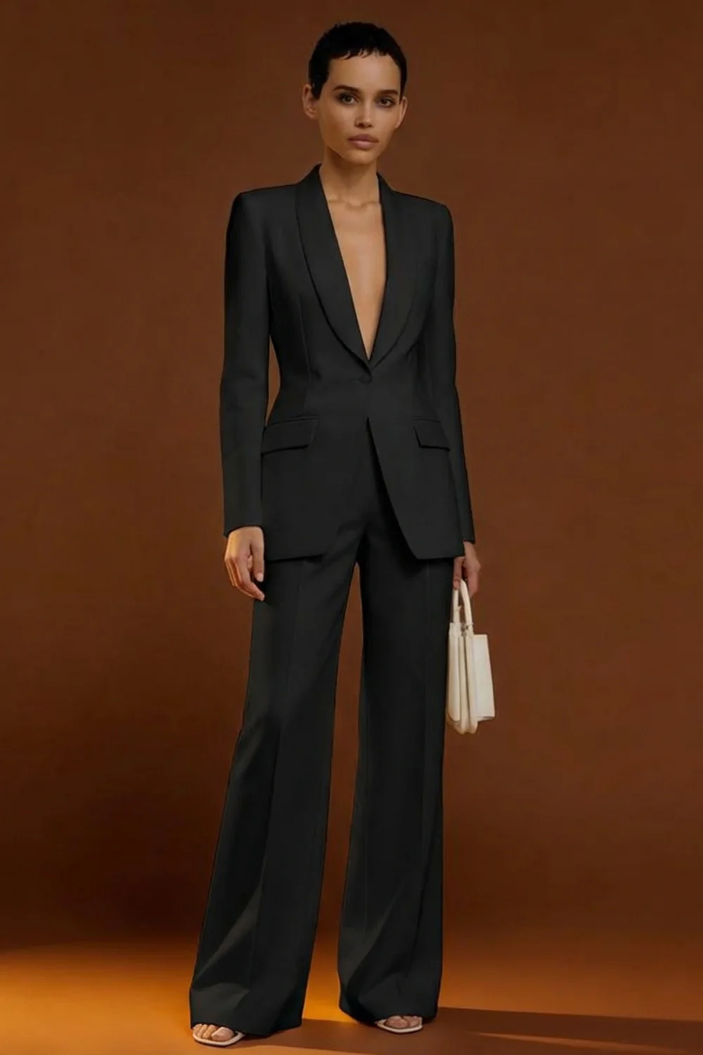 Costume d'affaires femme 2 pièces ivoire à col châle et boutonnage simple - Image 5