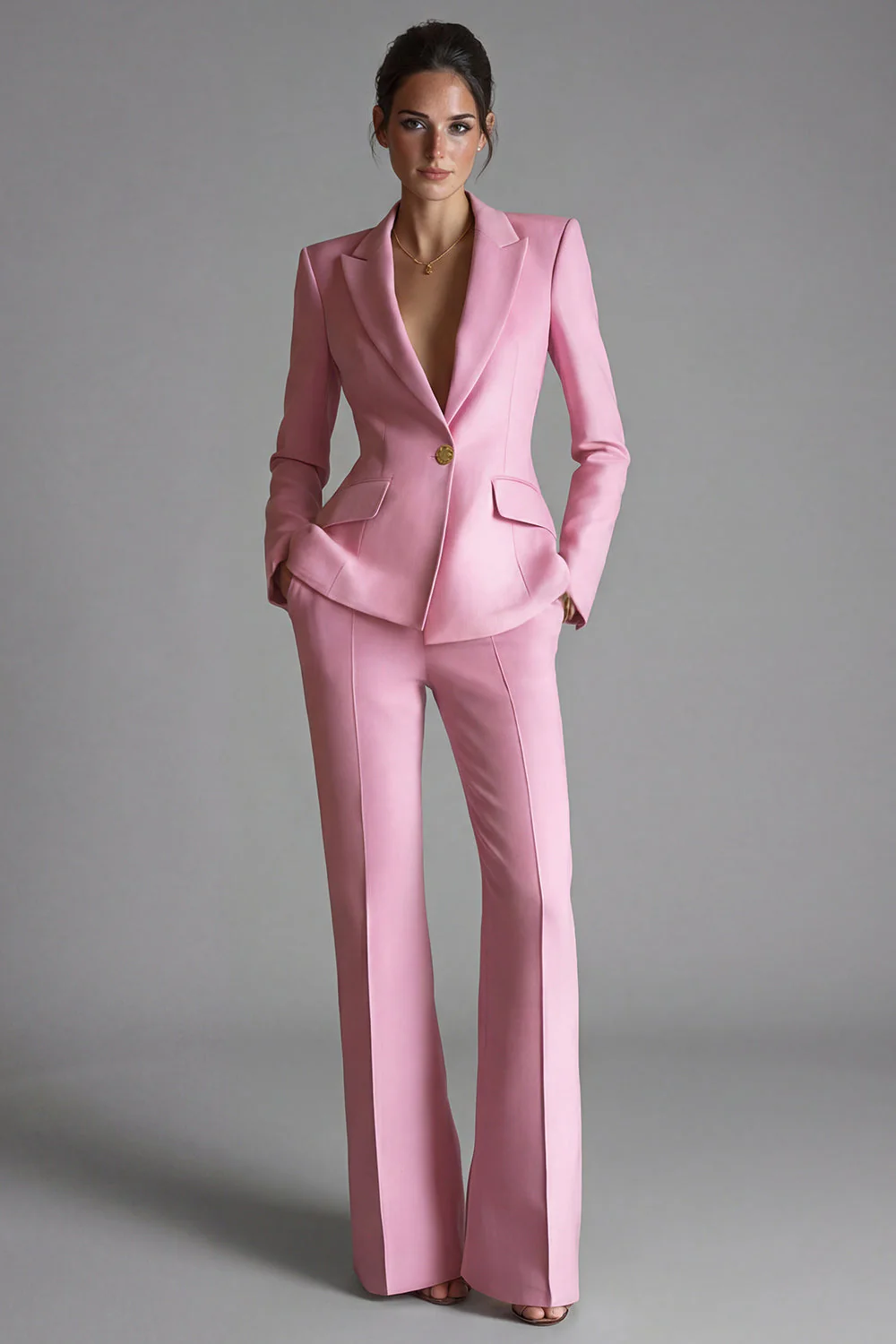 Costume d'affaires femme 2 pièces rose revers pointe à boutons