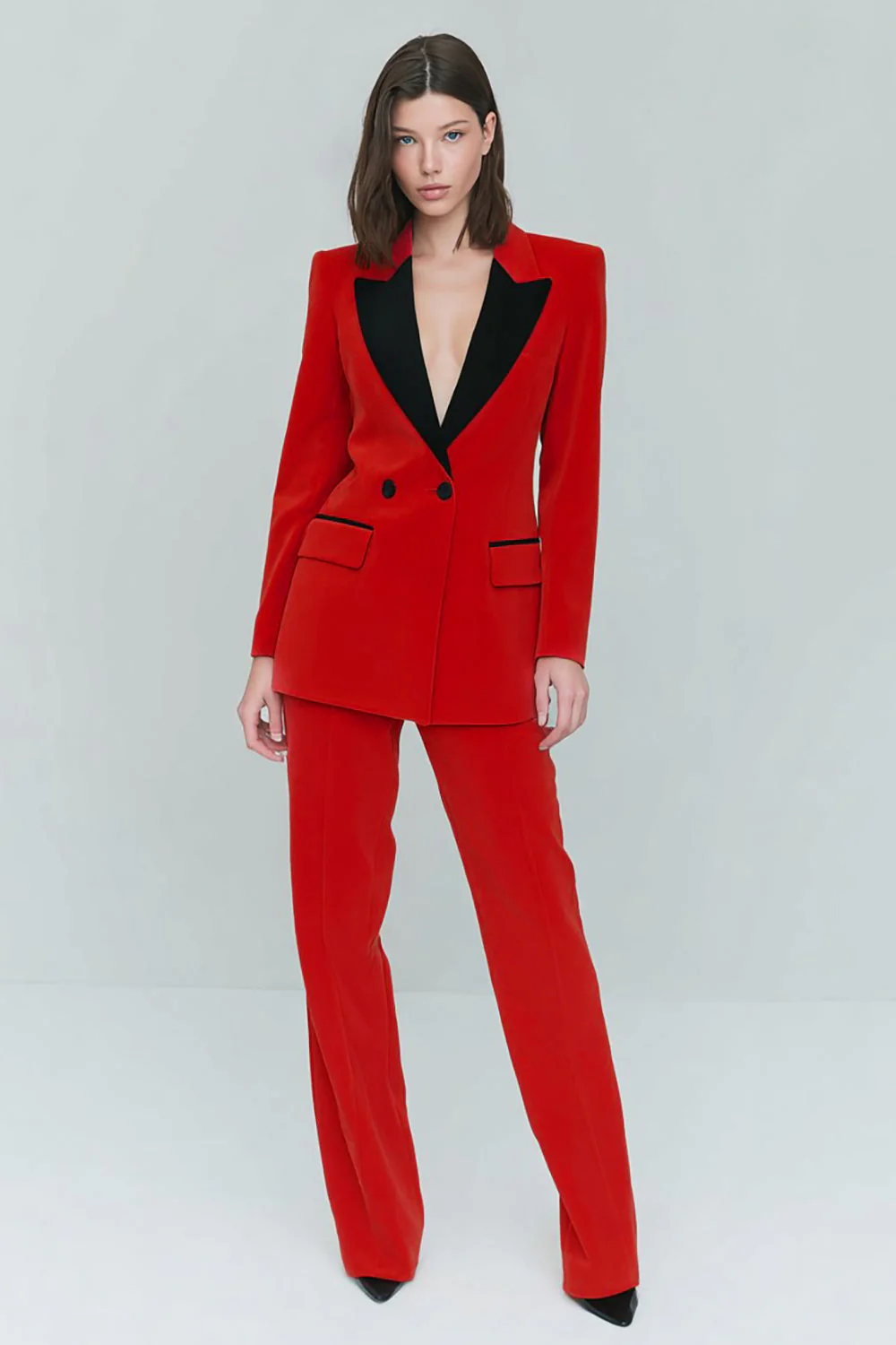Costumes de travail féminins en revers de pic rouge en deux pièces