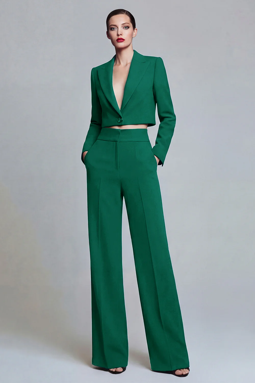 Costume d'affaires femme 2 pièces vert foncé revers pointe un bouton - Image 11