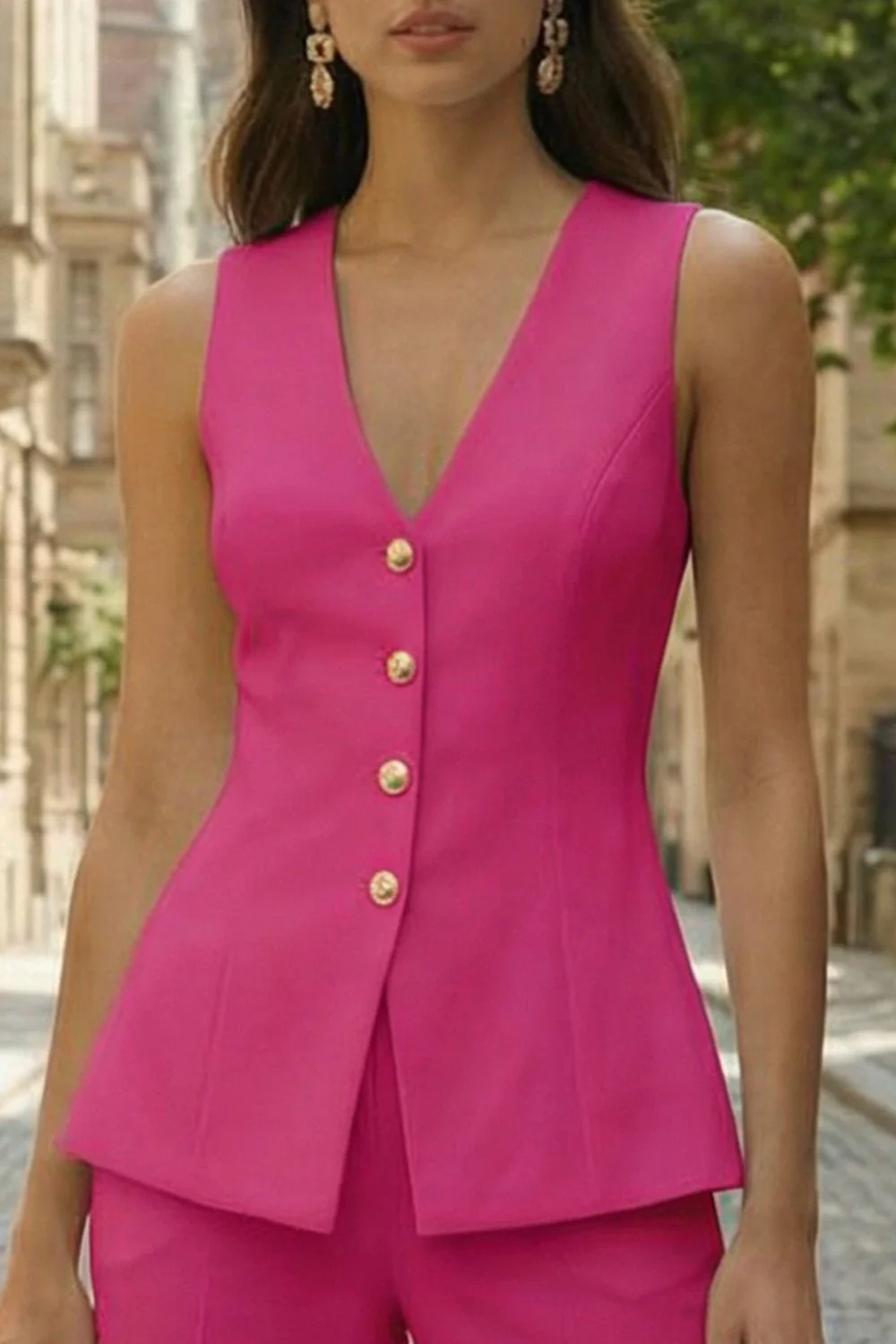 Costumes de travail féminins sans manches en fuchsia à simple poitrine et deux pièces - Image 3