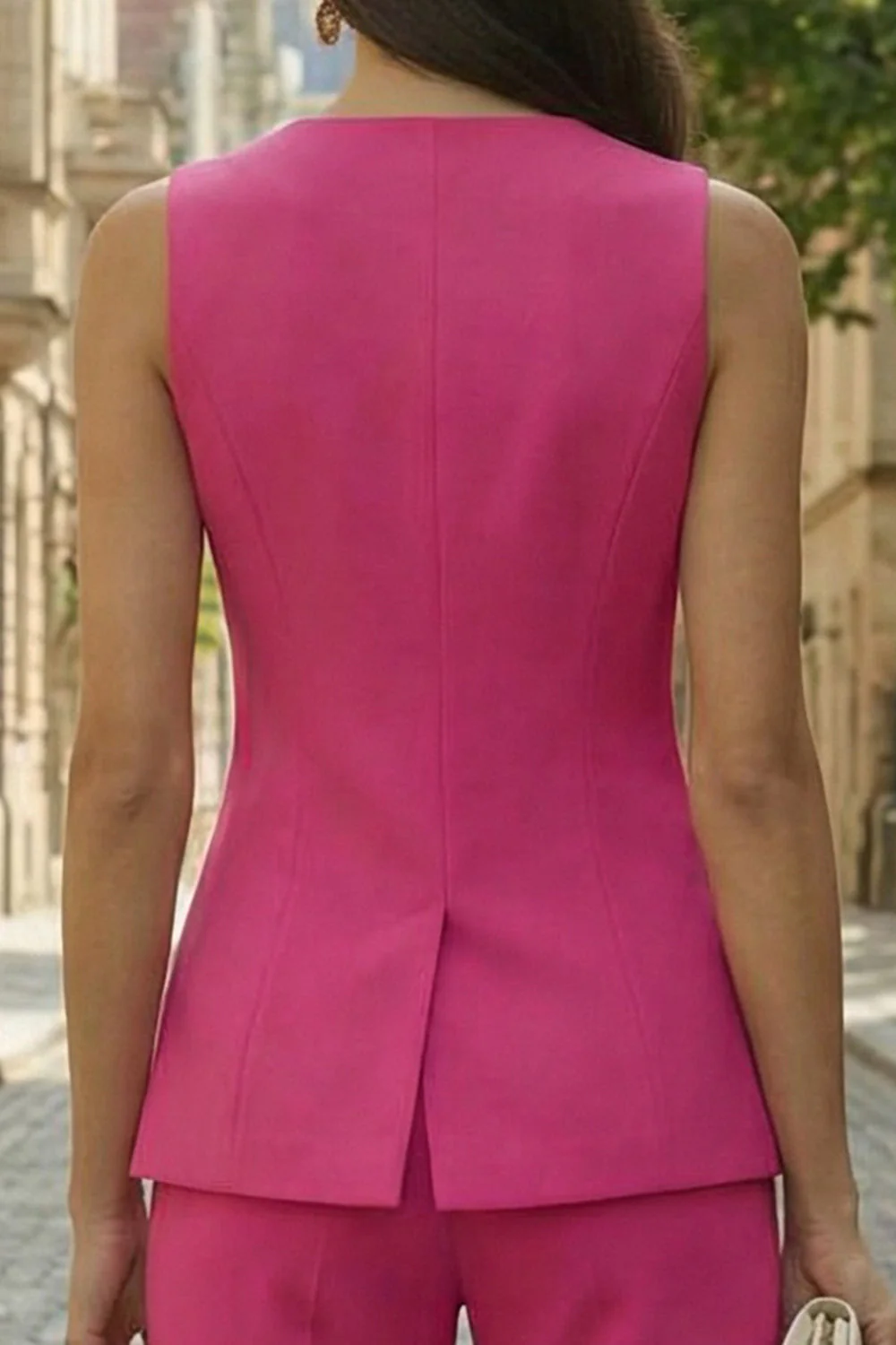 Costumes de travail féminins sans manches en fuchsia à simple poitrine et deux pièces - Image 4