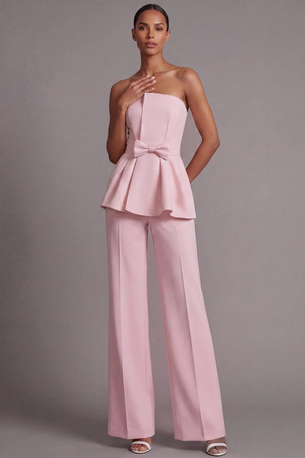 Costumes de travail rose 2 pièces bretelles pour femmes avec nœud - Image 3