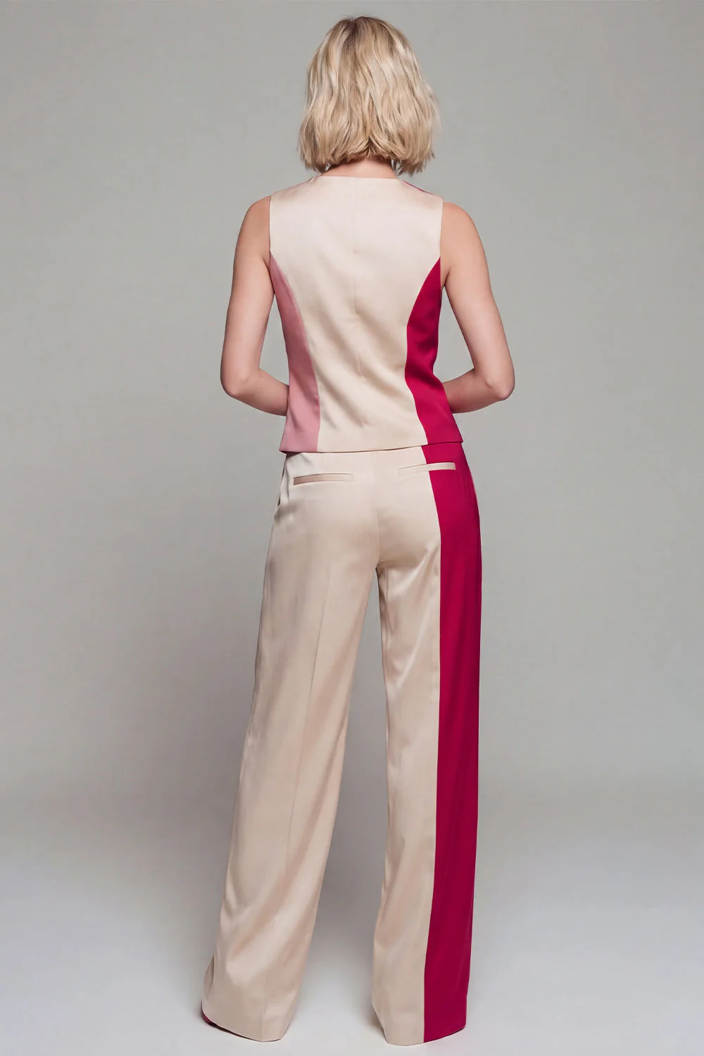 Costumes femmes Khaki clair sans manches en 2 pièces ColorBlock - Image 2