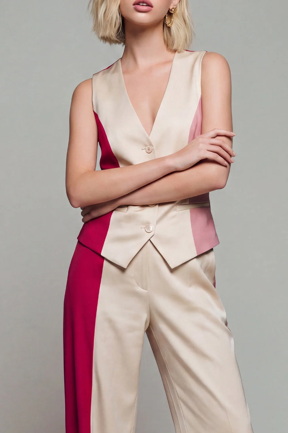 Costumes femmes Khaki clair sans manches en 2 pièces ColorBlock - Image 3