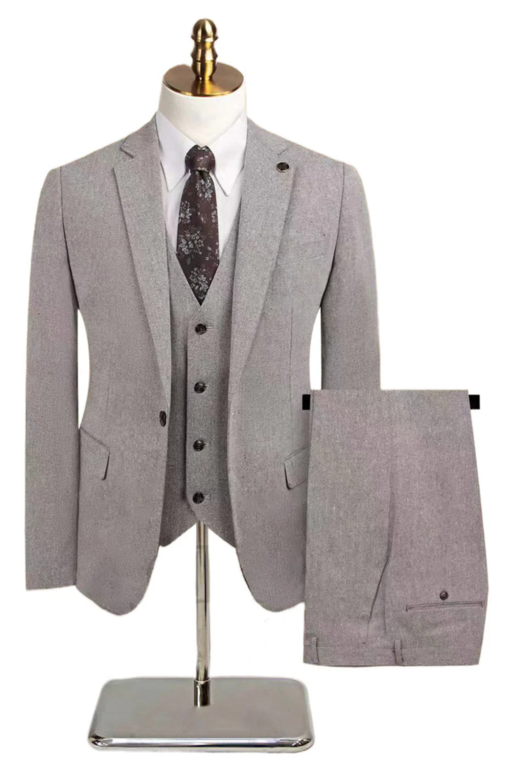 Costumes gris 3 pièces à revers cranté pour hommes - Image 9