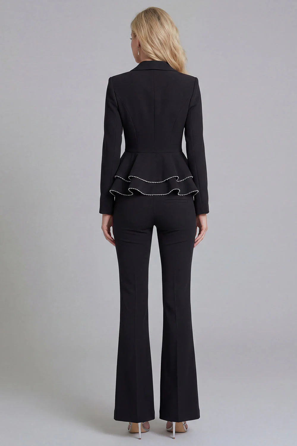 Costumes noirs de bal de promo 2 pièces à revers crantés, jambe large et jambes larges, avec volants - Image 2